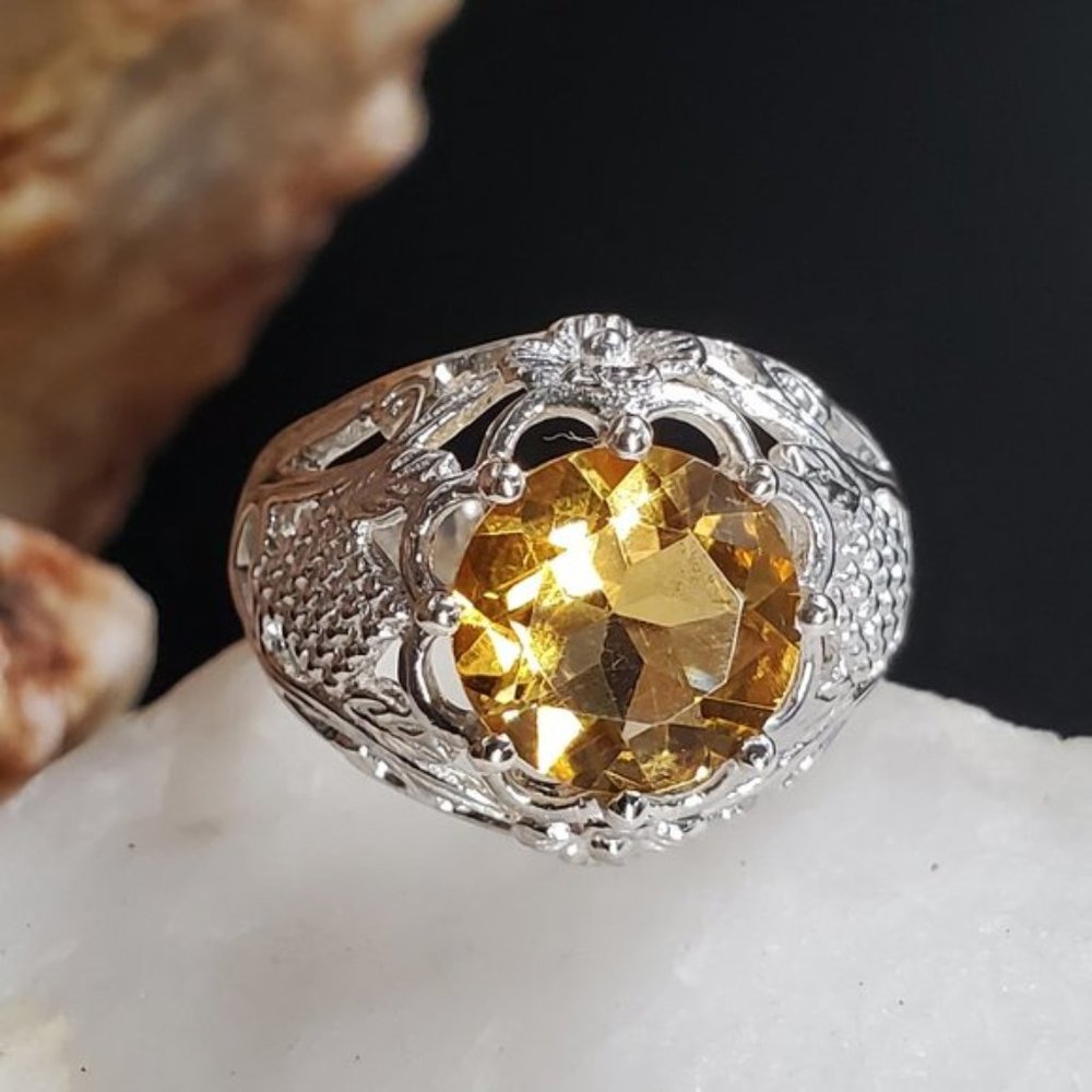 Sterling 925 Silver Ring Natural Citrine Gem Luxury Gift for Woman